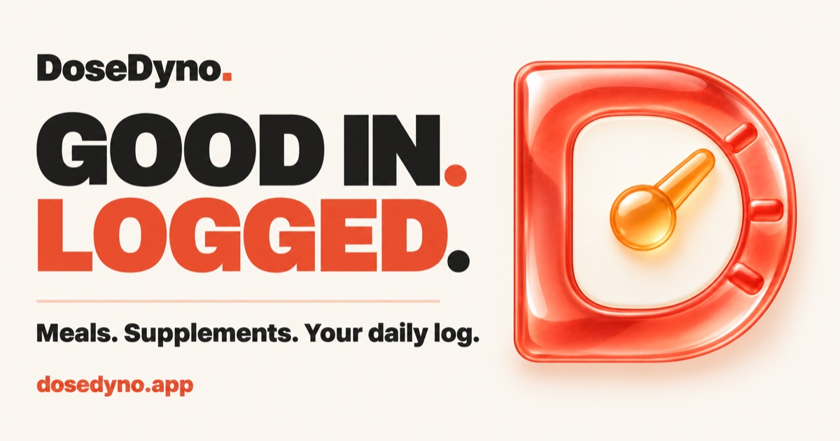 Cream landscape DoseDyno poster with a coral D and the headline Good in. Logged.