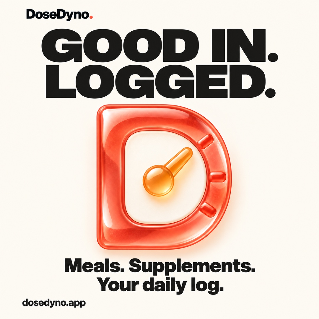 DoseDyno poster: Good in. Logged. Meals. Supplements. Your daily log. The coral glass D icon is centered on a cream background.